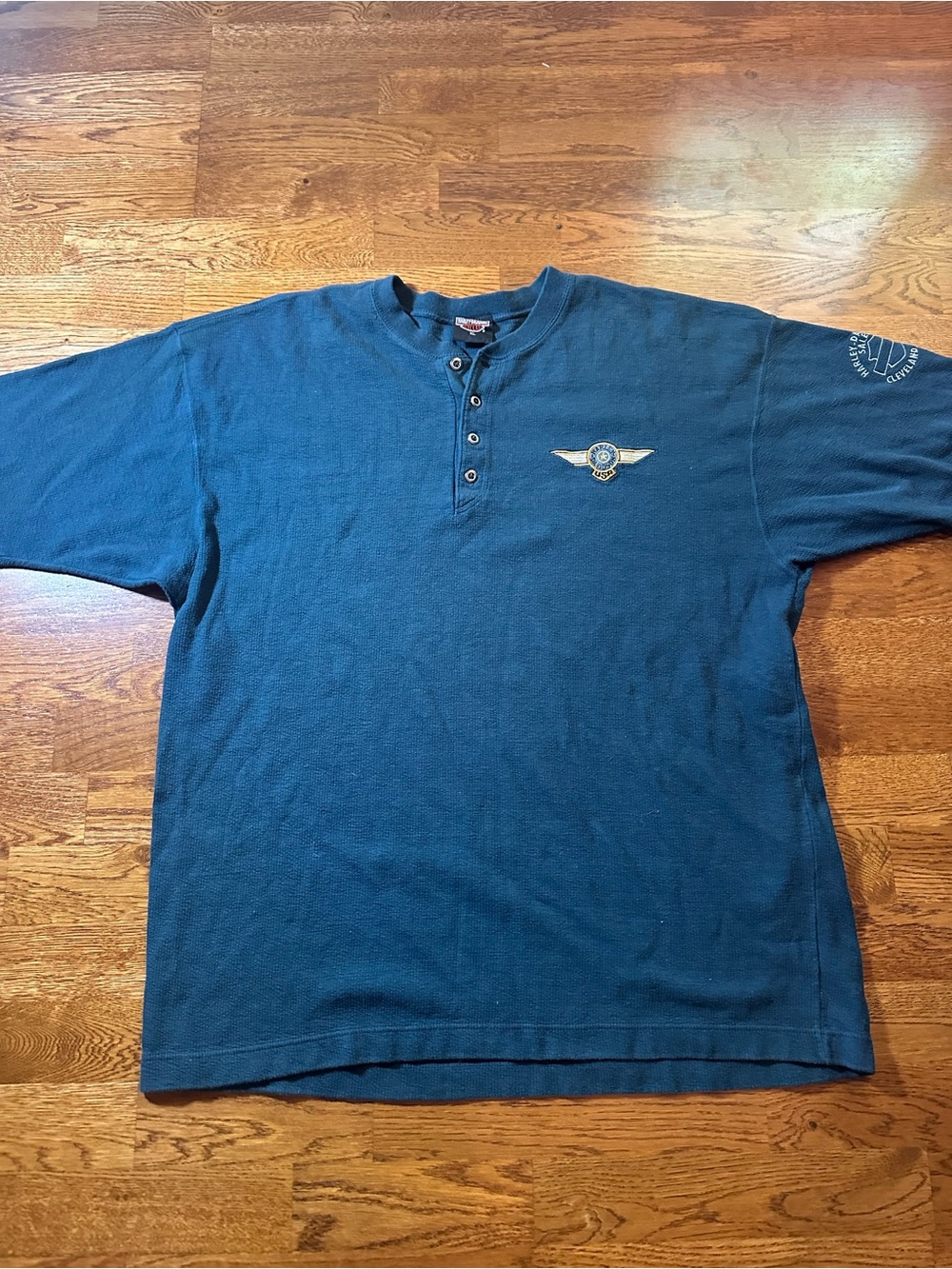 Harley-Davidson Teal Blue Short-Sleeve Henley with Winged Patch